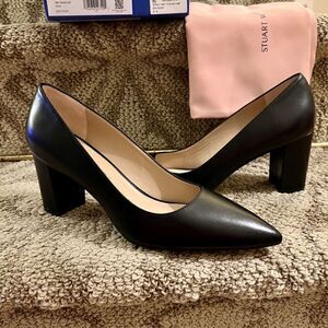 NWB Stuart Weitzman Linsi 75 Block Heel Classic Black Leather Pumps Black…